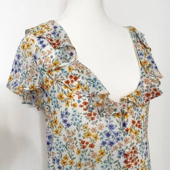 L'ACADEMIE WHITE BLUE ORANGE FLORAL BUTTON FRONT FLUTTER MAXI BOHEMIAN DRESS - S - Picture 4 of 7